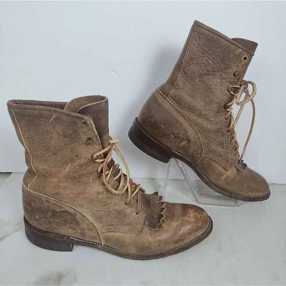 VTG Justin Men\'s L576 Light Brown Leather Lace Up Western Boots, Sz 8 main image 9